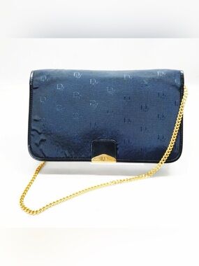 Dior Navy Monogram Chain Clutch with Gold Hardware